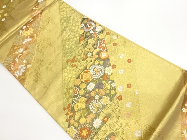 JAPANESE FUKURO OBI / WOVEN CRANE & FLORAL PLANTS
